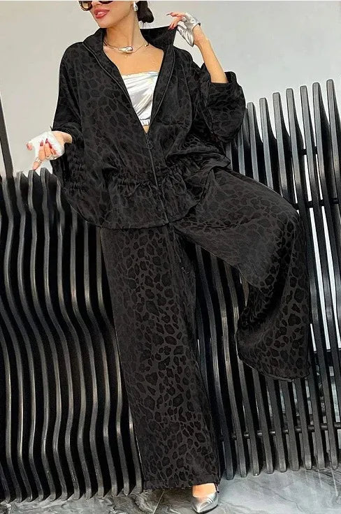 Spring Autumn Fashion Leopard Print 2 Piece Sets Women Fall Lapel Zipper Drawstring Coat Wide-leg Pants Outfit  Long Sleeve Suit