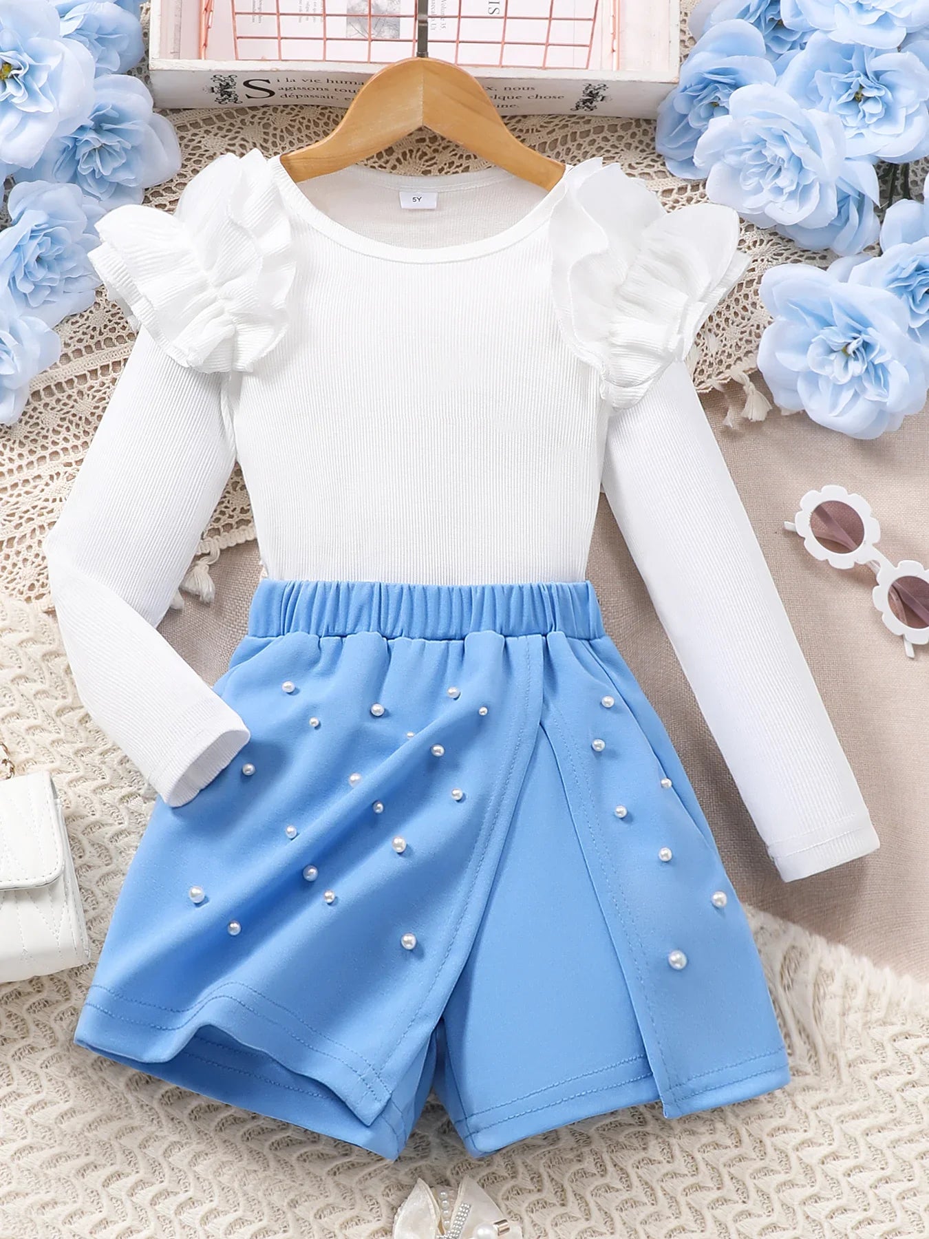 Girl's neat color long sleeved round neck, elastic waist skirt pants set.