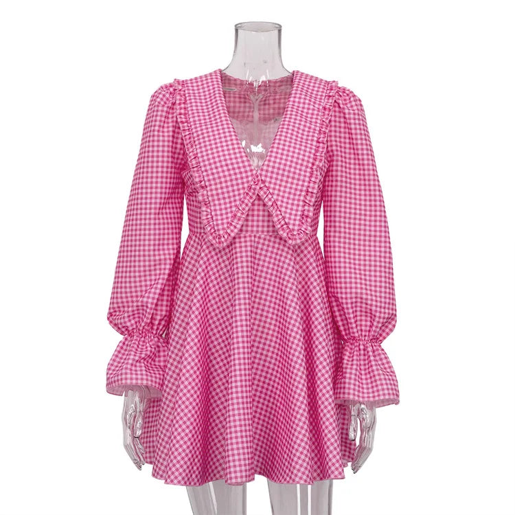 2024 New Women Long Sleeve A-Line Dress High Waist Peter Pan Collar Plaid Mini Dress Elegant Pink Dress Vestidos Clothes