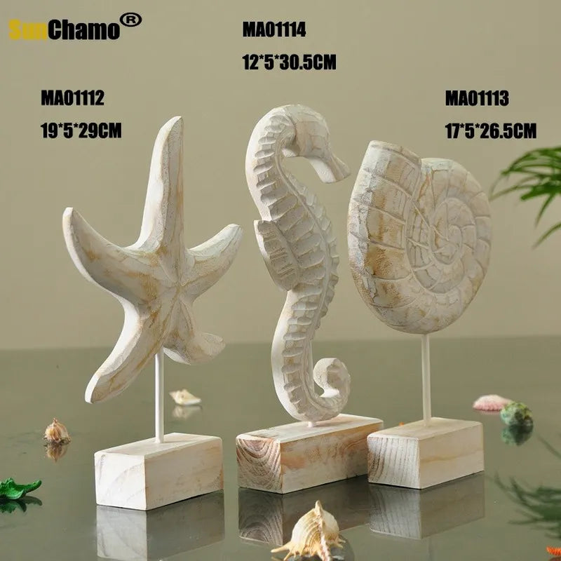 Mediterranean Style Home Decoration Accessories Wooden Crafts Starfish Conch Hippocampus Wood Carving Marine Living Room Decor