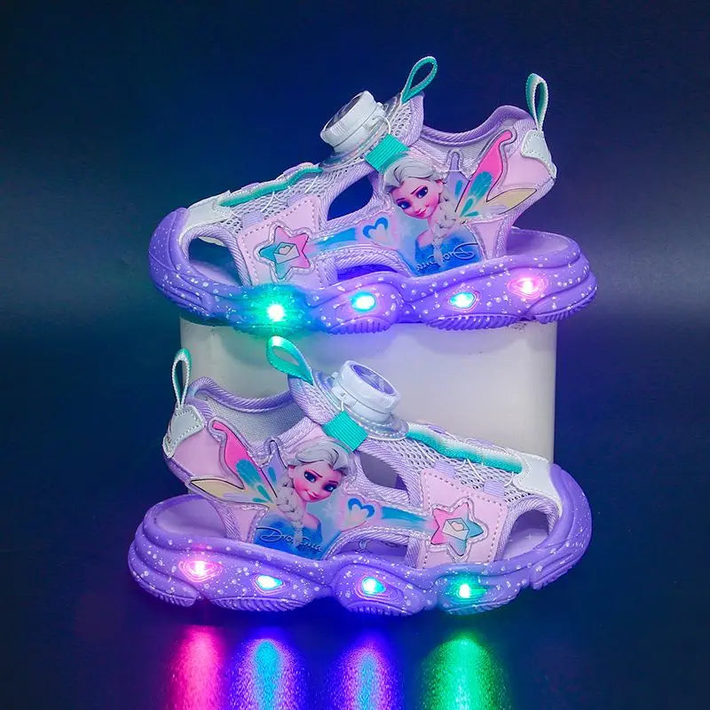 Disney LED Sport Sandals Summer Cartoon Princess Elsa Sandals For Girls Casual Beach Shoe Soft Sole Non-slip Kids Shoes Size 22-