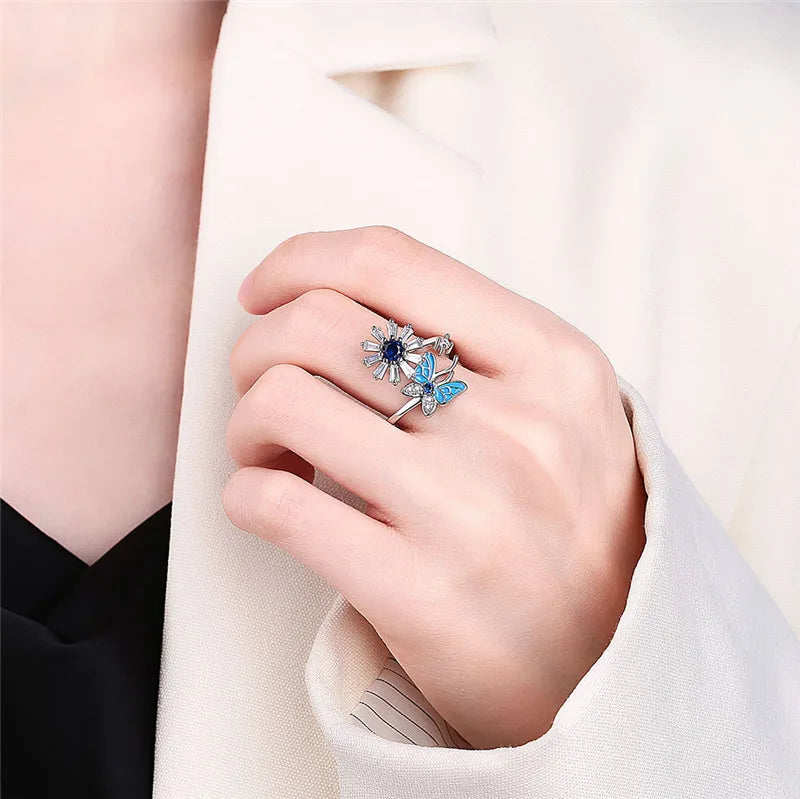 2023 Fashion Beads Anxiety Ring Fidget Spinner Rings Crystal Butterfly Flower Star Moon Ring Anti Stress Jewelry Gift