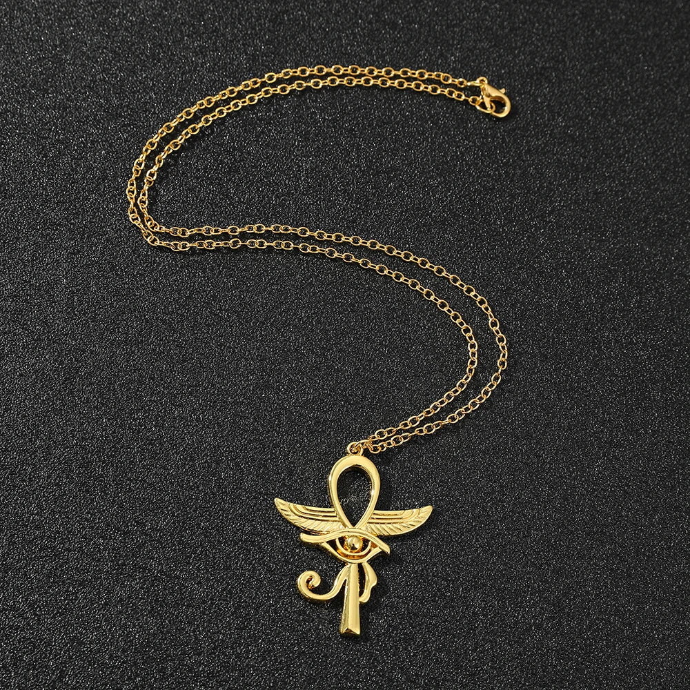 Eye Of Horus Ankh Necklace Women Men Ancient Egypt Wing Ankh Cross Pendant Necklaces Choker Silver Gold Plated Religious Jewelry