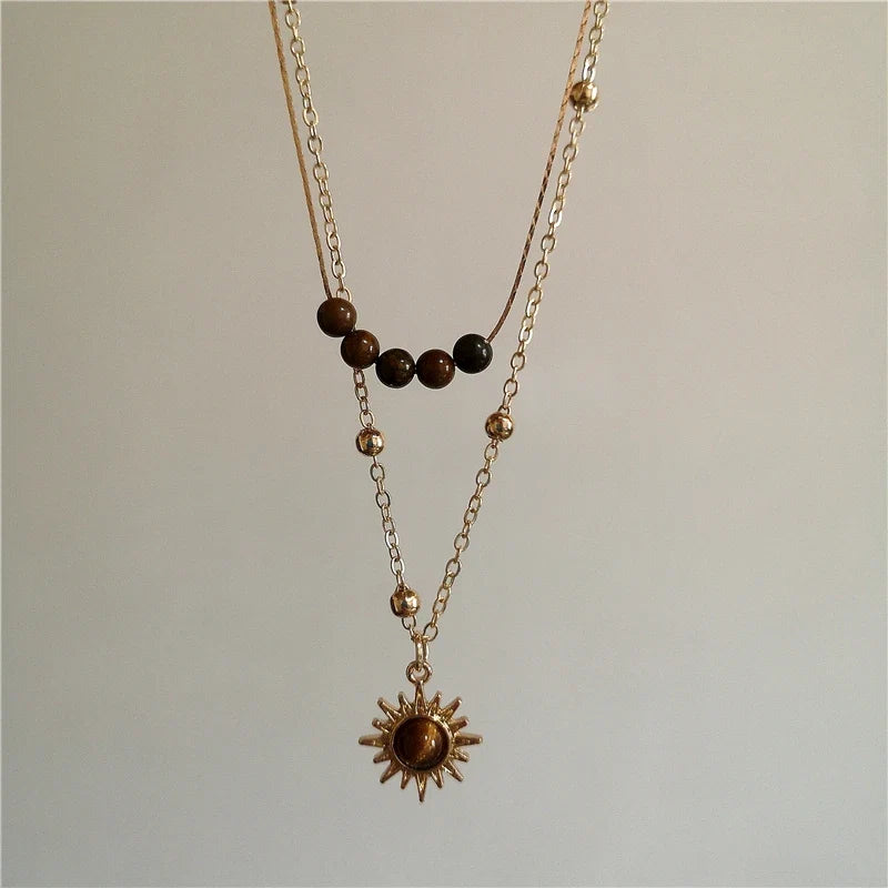Vintage Leather Brown Stone Sun Pendant Beaded Choker Clavicle Chain Necklace For Women Unique Y2K Personalized Grunge Jewelry