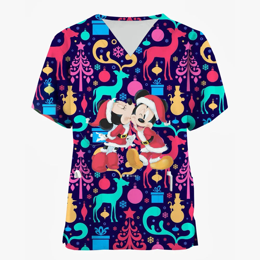Disney Mickey Mouse Minnie print Christmas Scrub Tops Women Dentist Work Uniform Nurse Scrub Uniforms Medicals Dental Hospital