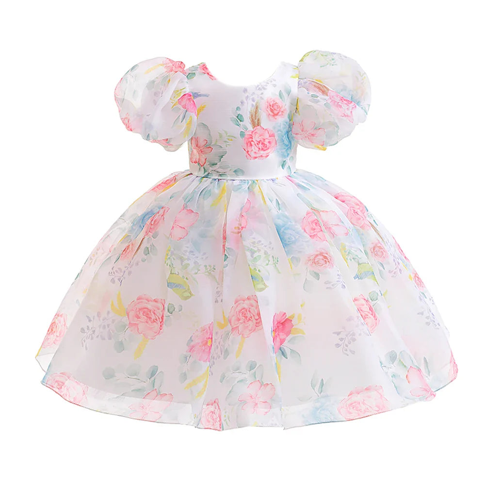 Elegant Flower Girls Party Dress Puff Sleeve Kids Bridemaid Dresses For Girl Wedding Prom Gown Children Birthday Princess Dress