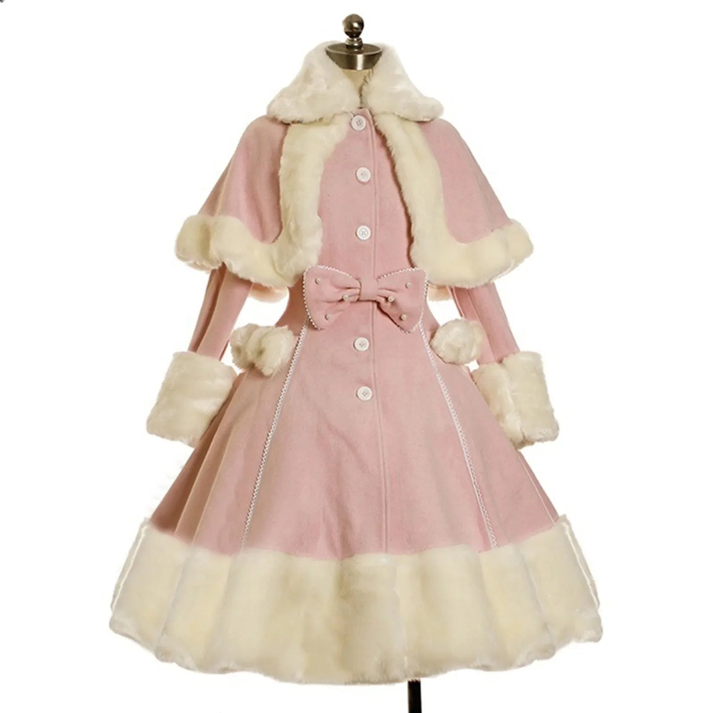 Vintage Gothic Lolita Dress Suit Women Fur Collar Long Sleeves Shawl Cute Single-breasted Winter Warm Thick Bow Dresses 2024