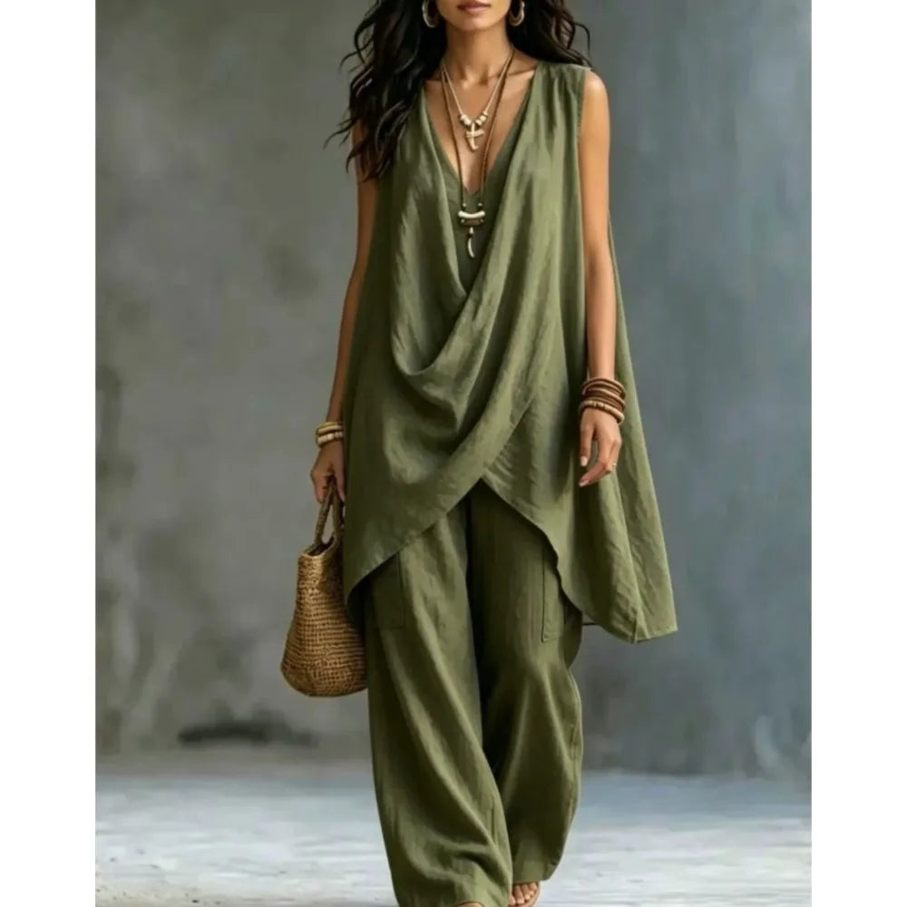 Women's Fashion Cotton Linen Irregular Sleeveless Long Tops 2-piece Set Spring Summer New Casual Wide-leg Trousers Female Suit