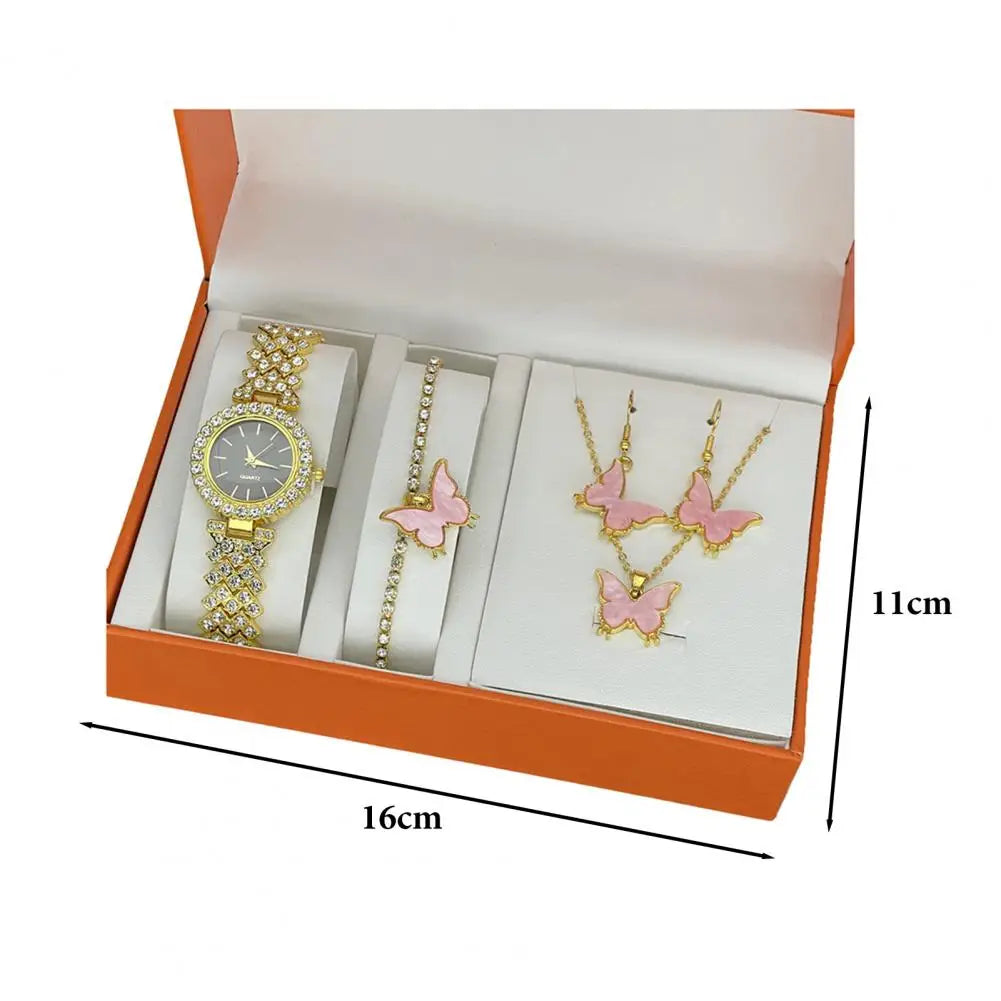 1 Set Women Jewelry Set with Gift Box Complete Collection of Quartz Watch Necklace Bracelet Ring Earring Set Golden Jewelry Gift