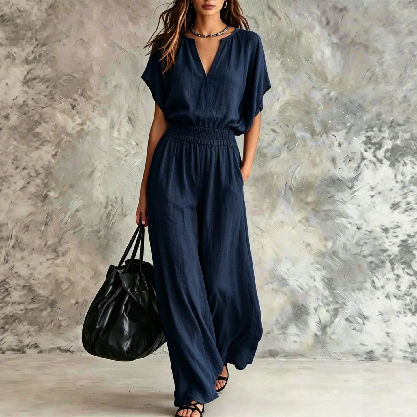 Women Casual Cotton Linen 2 Piece Outfit Summer Loose V Neck Short Sleeve Top Elastic High Waist Wide Leg Pants Set With Pockets