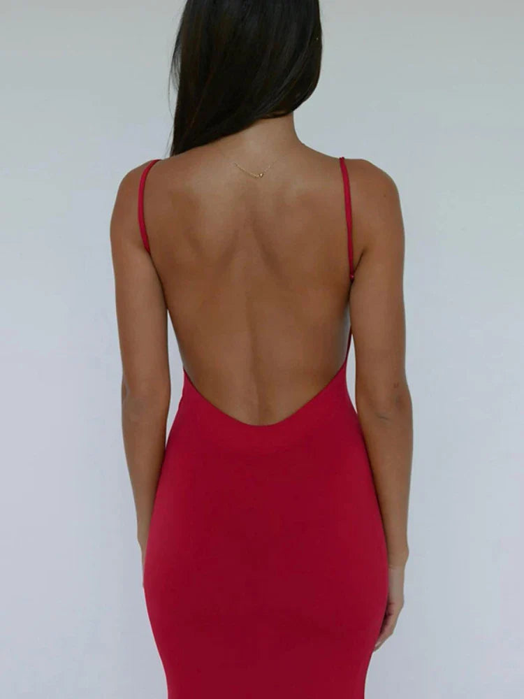 WeiYao Sexy Slim Backless Camisole Dress Solid Color Sleeveless Slash Neck A-line Maxi Dresses For Women Summer Women's Clothes