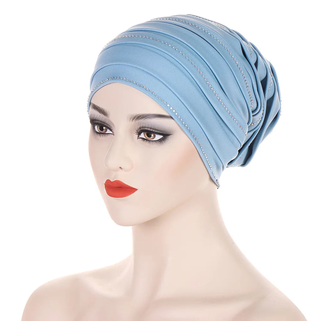 2024 New Rhinestones Women's Pleated Turban Cap Candy Color African Hat Nigeria Geles Muslim Headscarf Bonnet Ladies Head Wraps