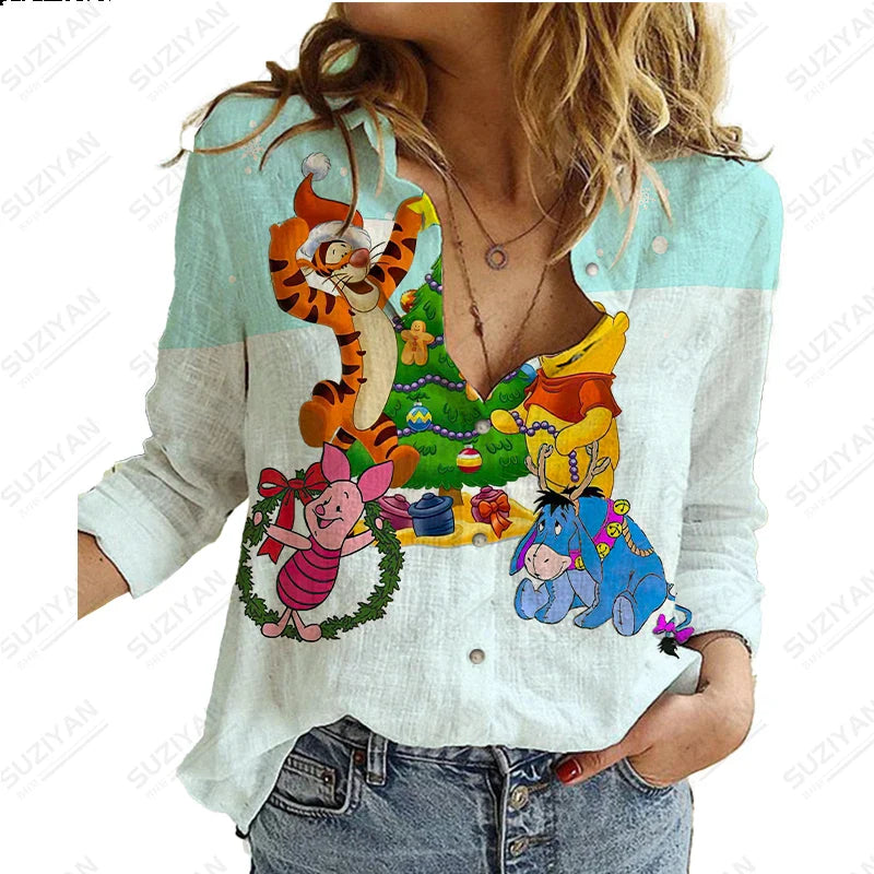 2023 Summer New Women's Long Sleeve Shirt Disney 3D Printed Button Cardigan Temperament Simple Shirt Street Loose Women's Shirt
