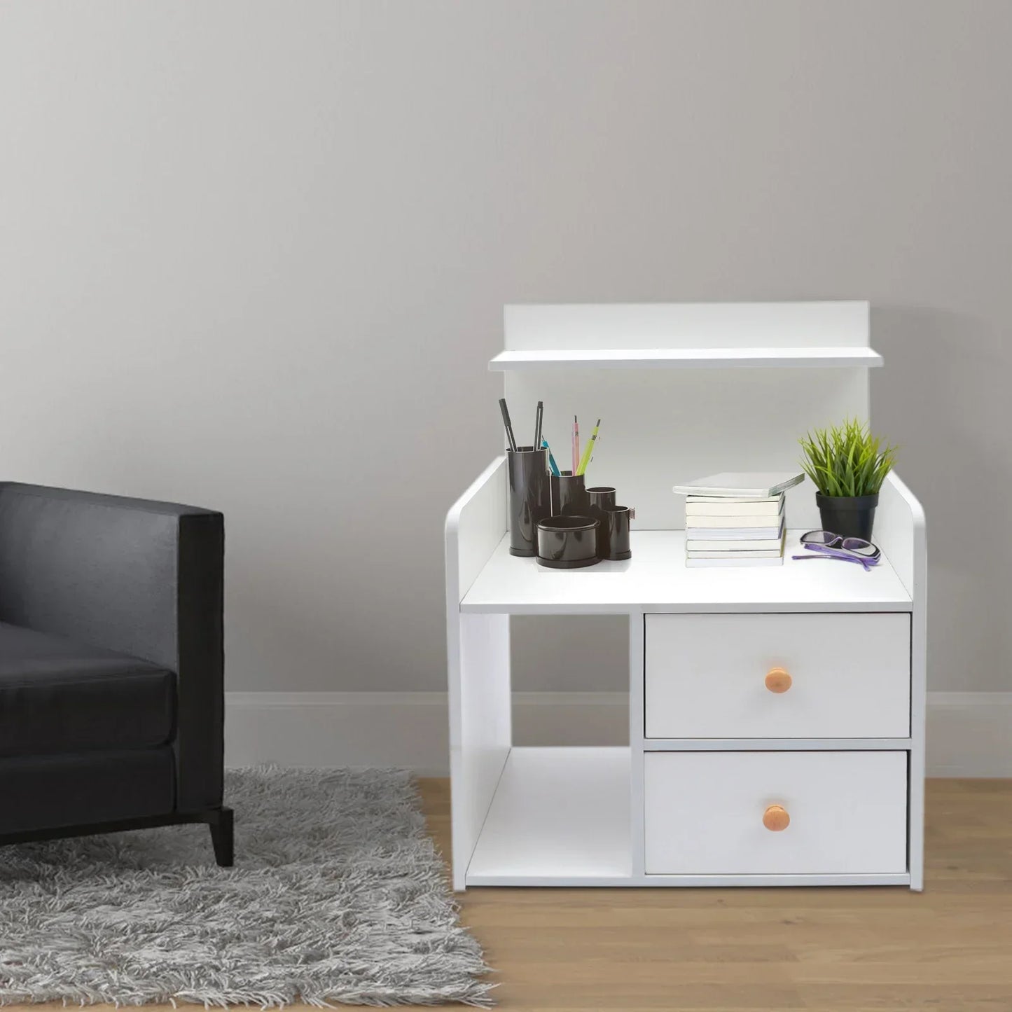 Warm White Nightstand with 2 Drawers, 16.9x10.2x23.6In Compact Bedside Table.