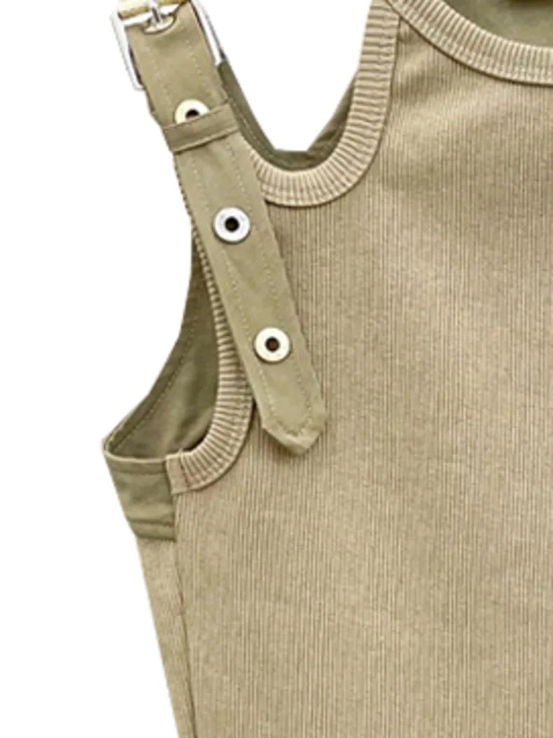 DEAT Fashion Women's Tops Round Neck Hollow Out Khaki Sleeveless Suspender Tank Tops Summer 2024 New Trendy 17A5505H