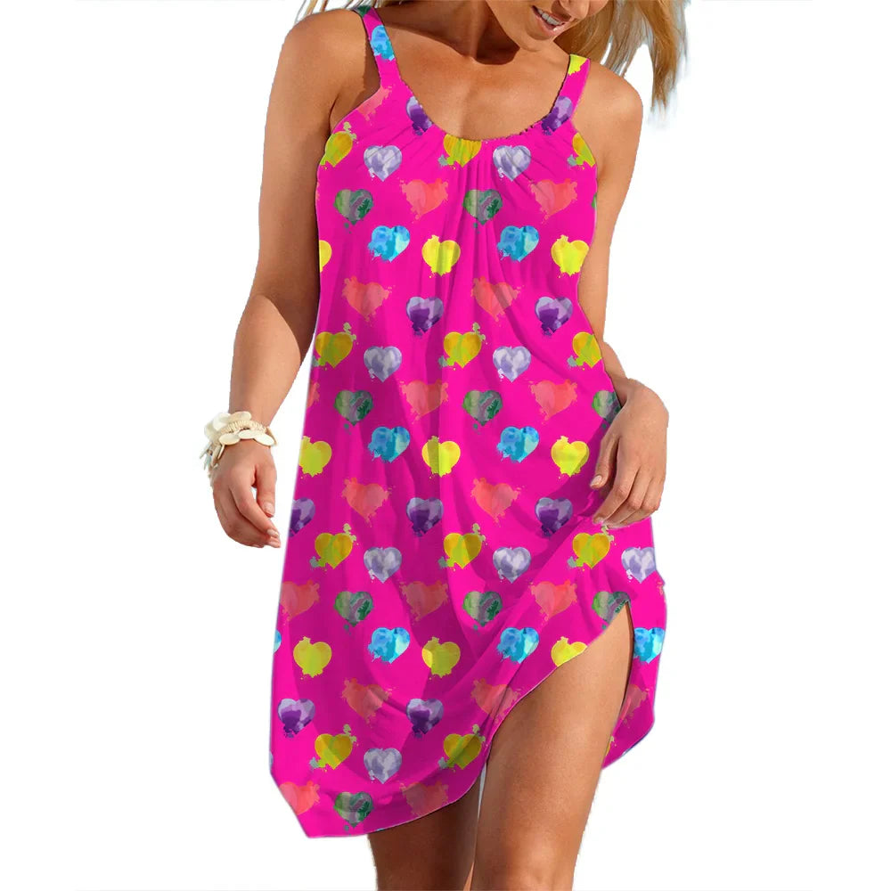 Women's Slip Dress Heart Shape Casual Beach Clothes Summer Woman  Seaside Skirt Streetwear Lady Soft Dresses Sleevesless Tops