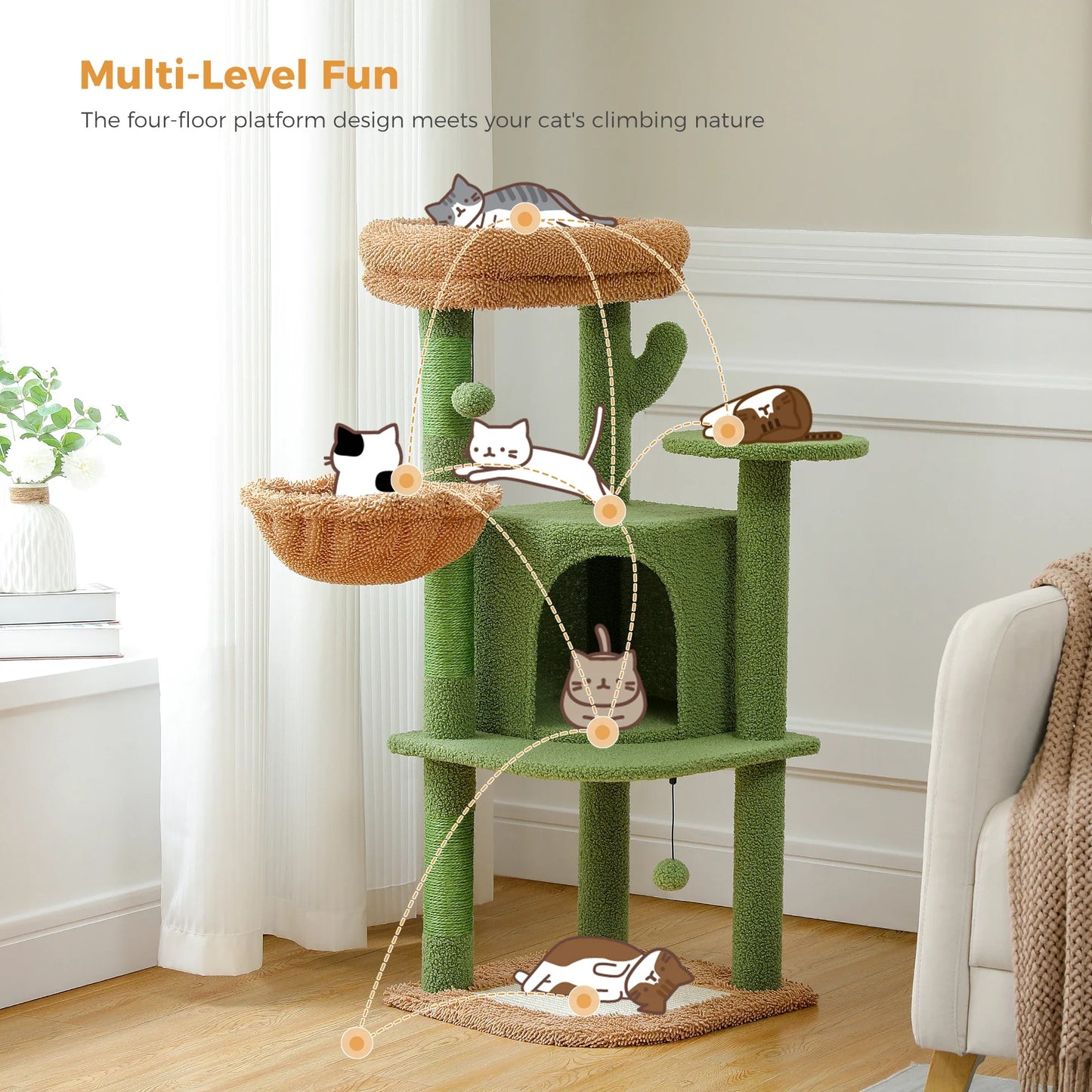 Fast Delivery Cactus Cat Tree with Condo Scratching Post for Cats Multi-Level Cat Tower Cat Scrapers Cat Accessories Pet Cat Toy