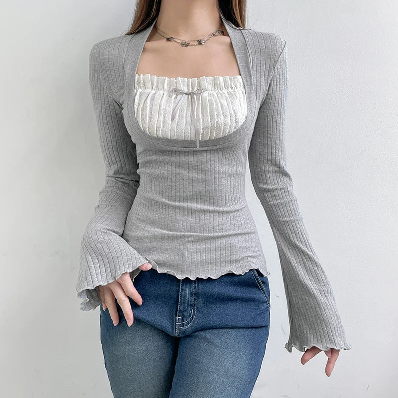 Xingqing Elegant Lady Square Collar T Shirt Kawaii Clothes Fairy Grunge Long Sleeve Ribbed Tops y2k Tees 2000s Women Streetwear