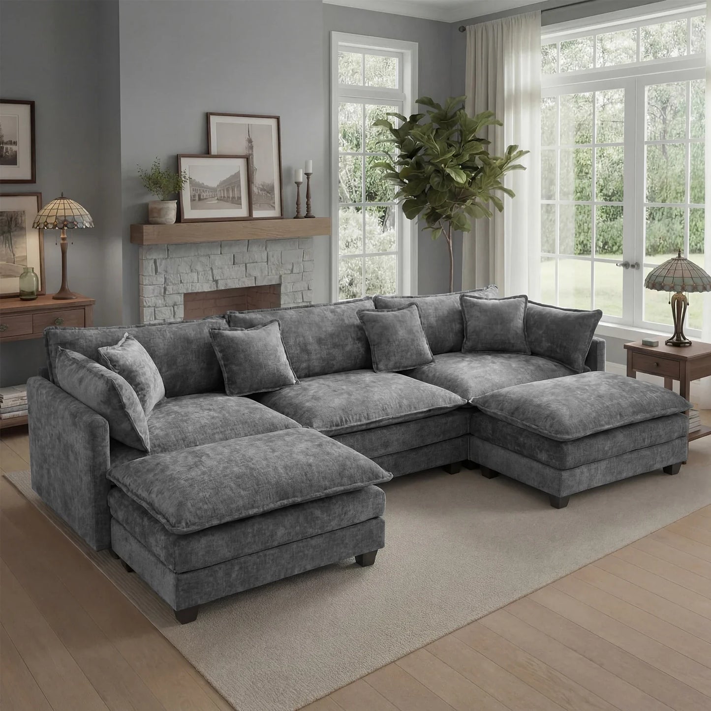 Redlife 113.4" Modular Sectional Sofa with Ottoman, Comfy Cloud Couch with Deep Seat (23.6" D), Solid Wood Frame, for Living Room.
