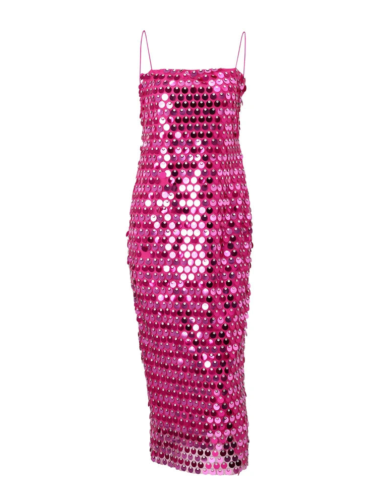 Sequined Tube Top Strap Dress Women Sexy Sleeveless Slim Solid Straight Long Vestidos Fashion Backless Slip Split Evening Robe