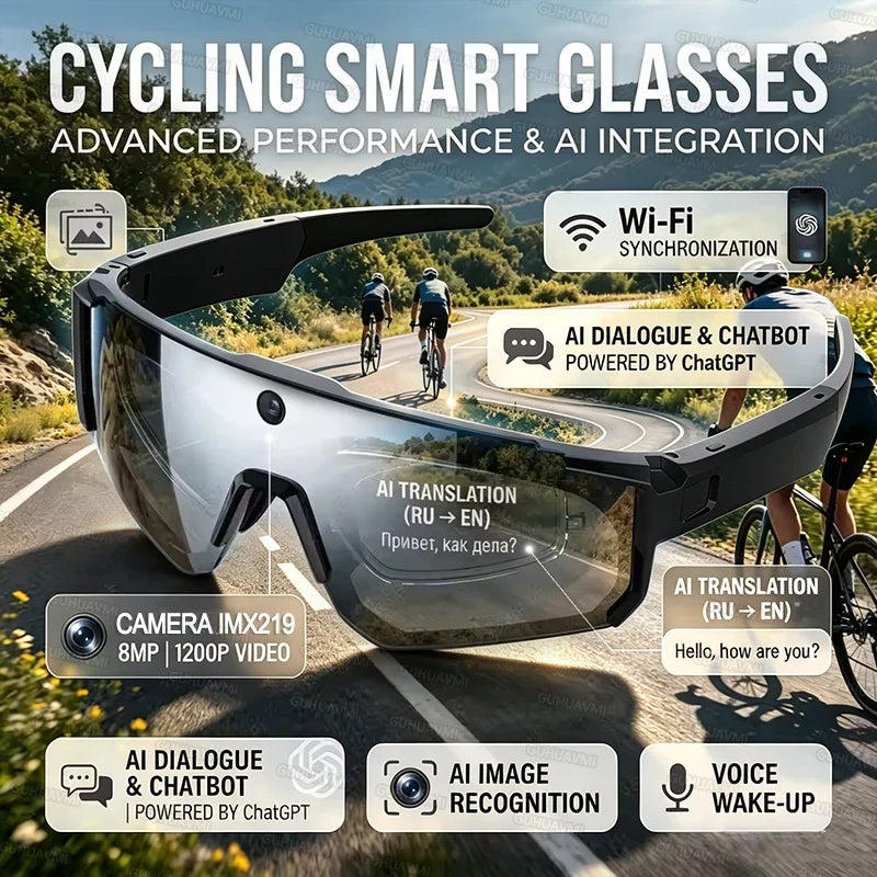 2026 NEW AI Smart Glasses ChatGPT 1080P Camera 8MP Anti-shake Cycling Video&Photo Sport Sunglasses DualMic 32GB Windproof Goggle