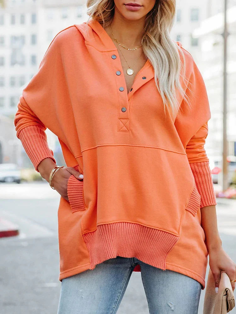 Women's Patchwork Pullover Tops Pockets Button V Neck Solid Hoodies Long Sleeve emale Casual Sweatshirts Fashion Ladies Clothes