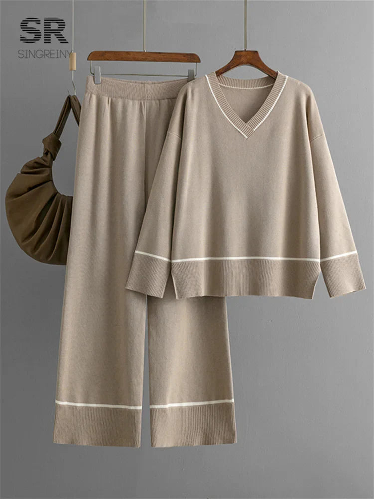 SINGREINY Women Basics Winter Sets V Neck Sweater+Solid Wide Legs Long Pants 2024 Autumn Fashion Casual Thick Two Pieces Suits