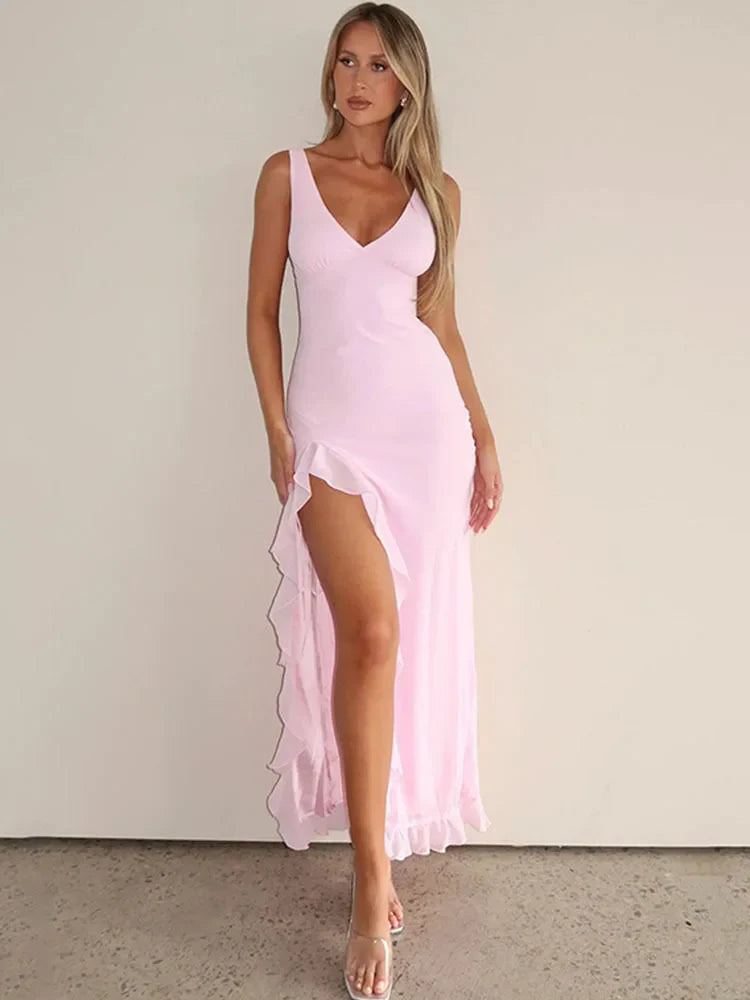 Avrilyaan Ruffle High Split Sexy Dress Women 2024 Robes Elegant Evening Summer Dress Backless Party Long Midi Dress Vestidos