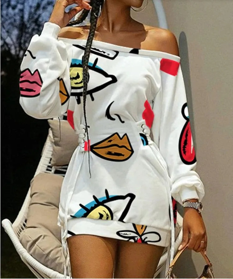 Elegant Women's Printed Dress Spring And Autumn New Style Round Neck Printed Long Sleeve Lacing Loose Mini Women's Dress