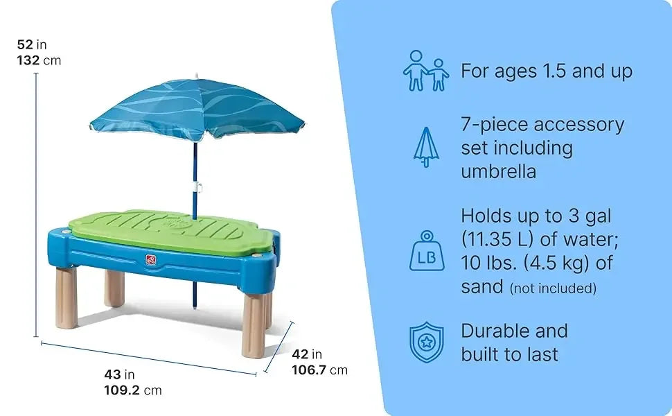 Cascading Cove Sand and Water Table, Kids Activity Sensory Playset with Umbrella, Summer Outdoor Toys, 7 Pcs Toy Accessories