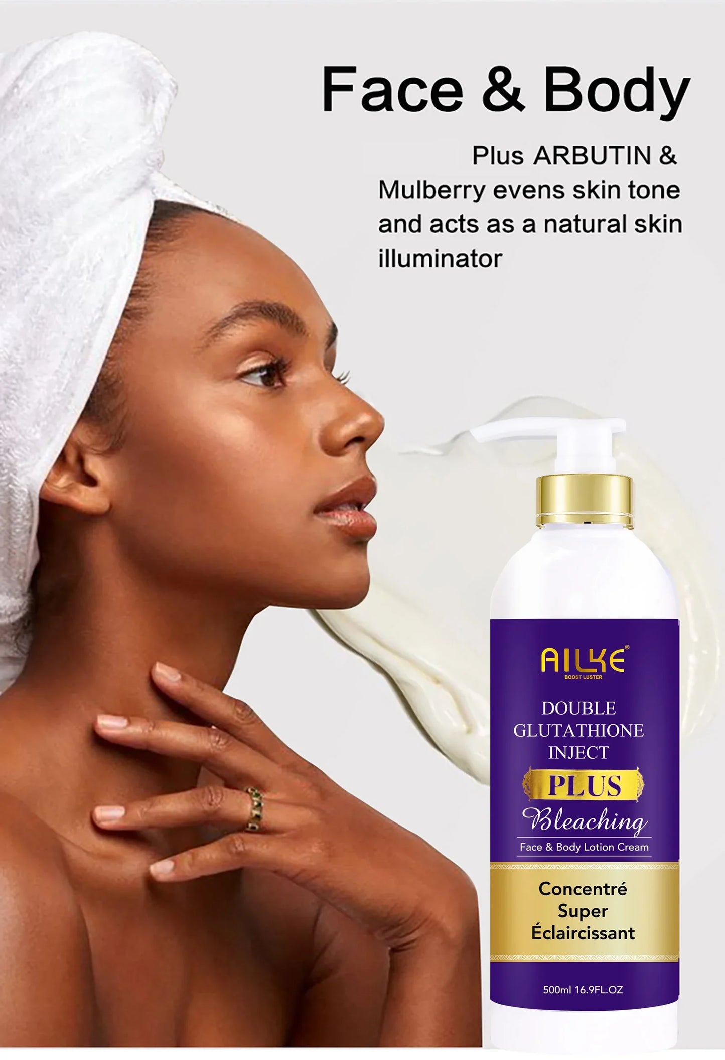 AILKE Double Glutathione Plus Moisturizing Hydrating Body & Skin Whiten Lotion, Bleaching Lotion for Women & Men With Pump