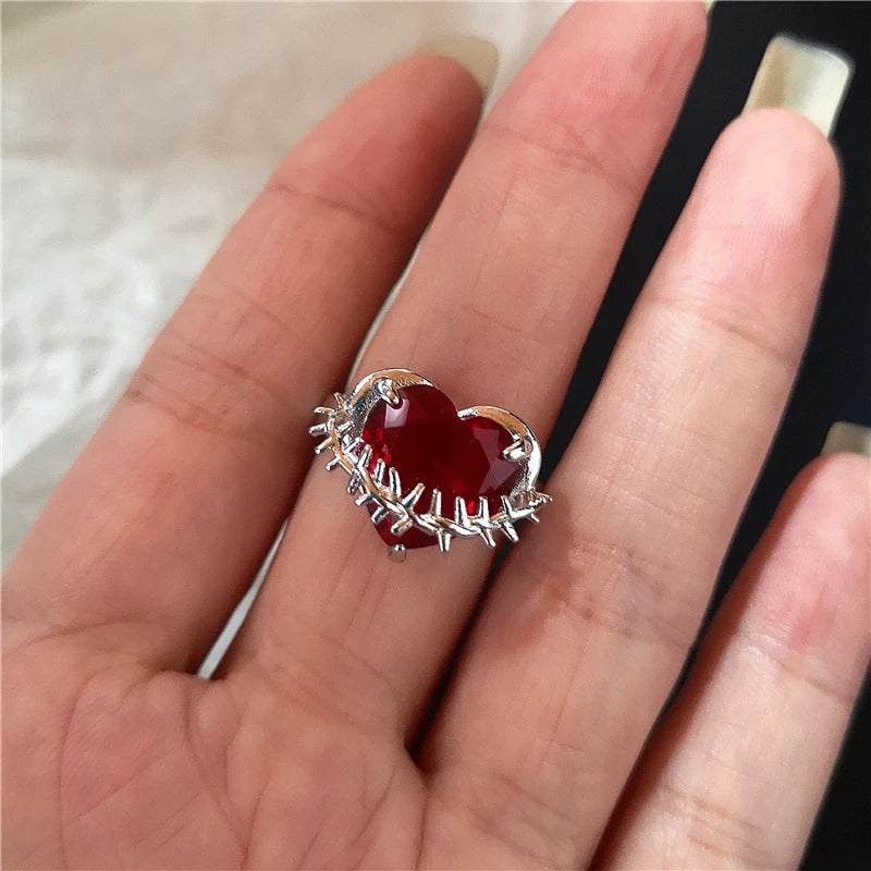 Goth Punk Vintage Red Crystal Love Heart Cross Geometry Irregular Open Ring Set Y2K Halloween Accessories For Women Kpop Jewelry