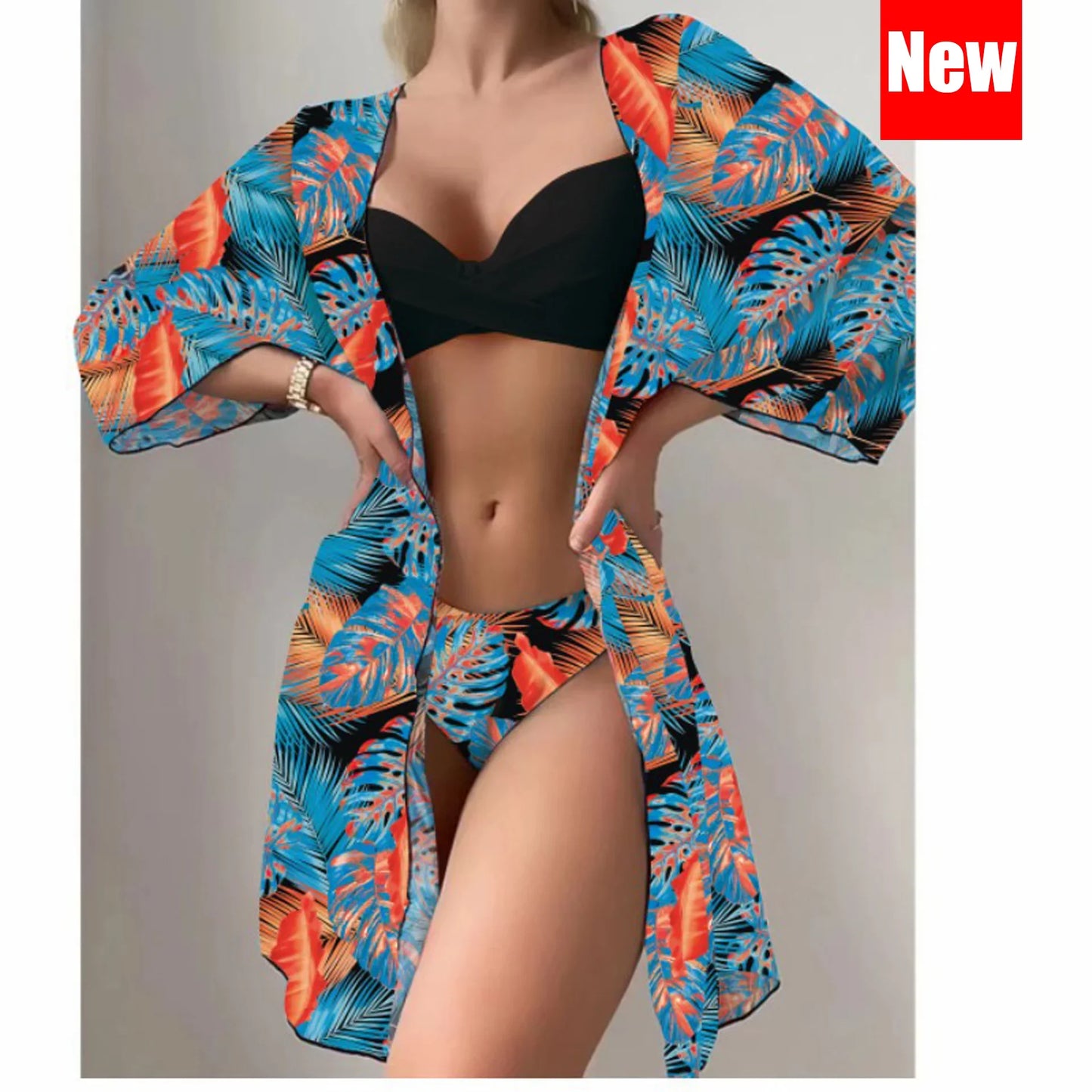 Three Pieces Bikini Set Cover Up Women New Push Up Twist Swimsuit Print Long Sleeve Swimwear Biquini Bathing Suit Summer