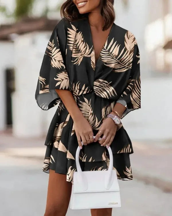 2024 Women's Cross border with Batted Sleeves Fashionable Printed Dress