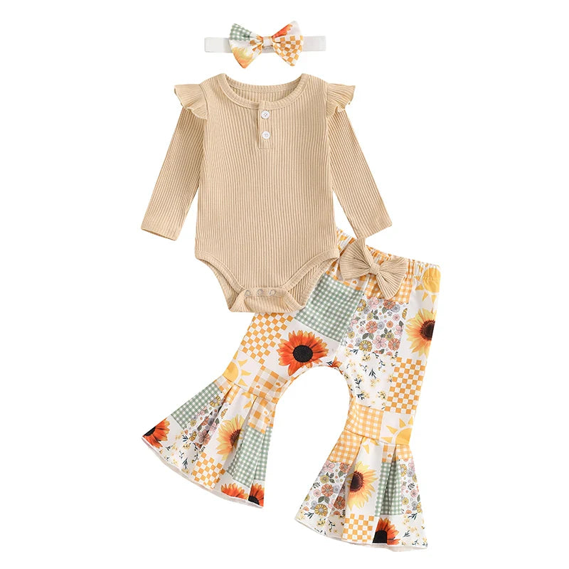 Newborn Baby Girl Clothes Rib Frill Long Sleeve Romper Daisy Flared Pants Headband Set 3pcs Fall Winter Outfits