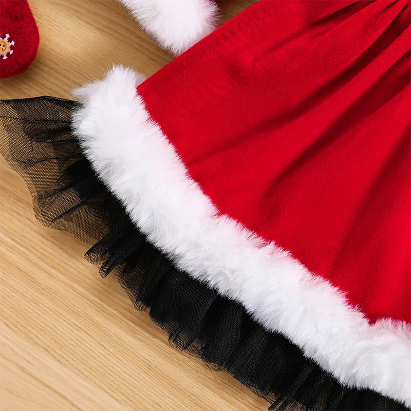 1-6years Kids Girl Christmas Dress Long Sleeve Furry Patchwork Dress With Bowknot Cosplay Xmas Dress For Girls