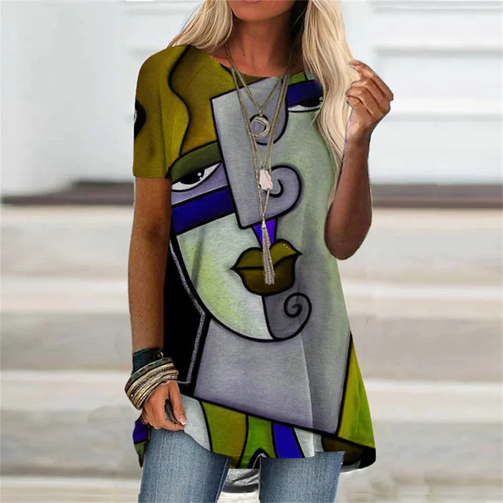 Abstract Face Graphic 3D Print T-shirt Summer Streetwear Retro Women Short Sleeve T Shirts Y2K Tops Woman Tee Oversized Clothing