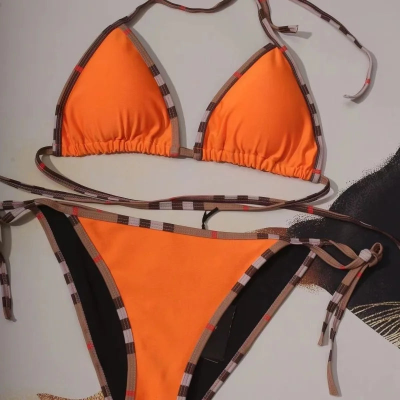 Summer Sexy Solid Color Women's Bikini Bra Thong 2 Piece Swimsuit Beachwear Brazilian Swimsuit Women's Lace-Up Side Biquini New