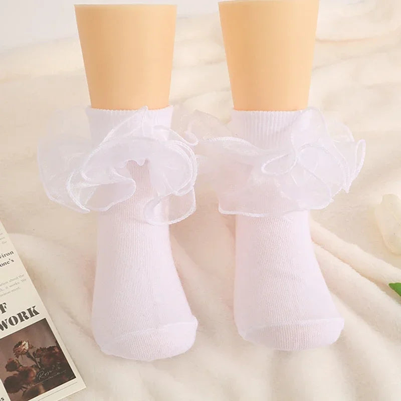 1 Pair Girls' Puffy Lace Socks Children's Combed Cotton Lace Socks
