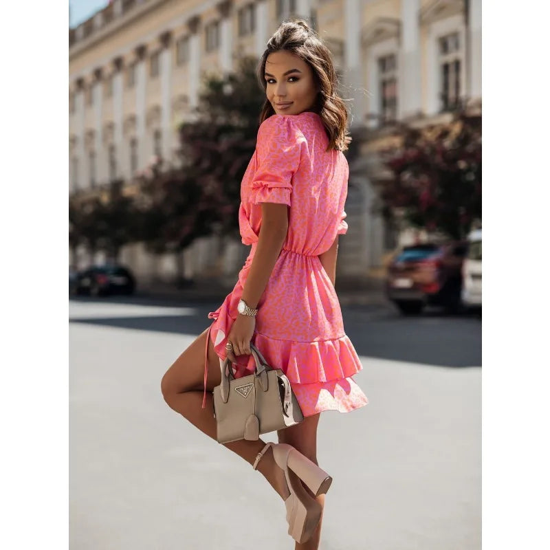 Summer Women's Short Sleeved Casual Dress Fashionable V-neck Printed Drawstring Waist Tied Dress Commuting Holiday Dress