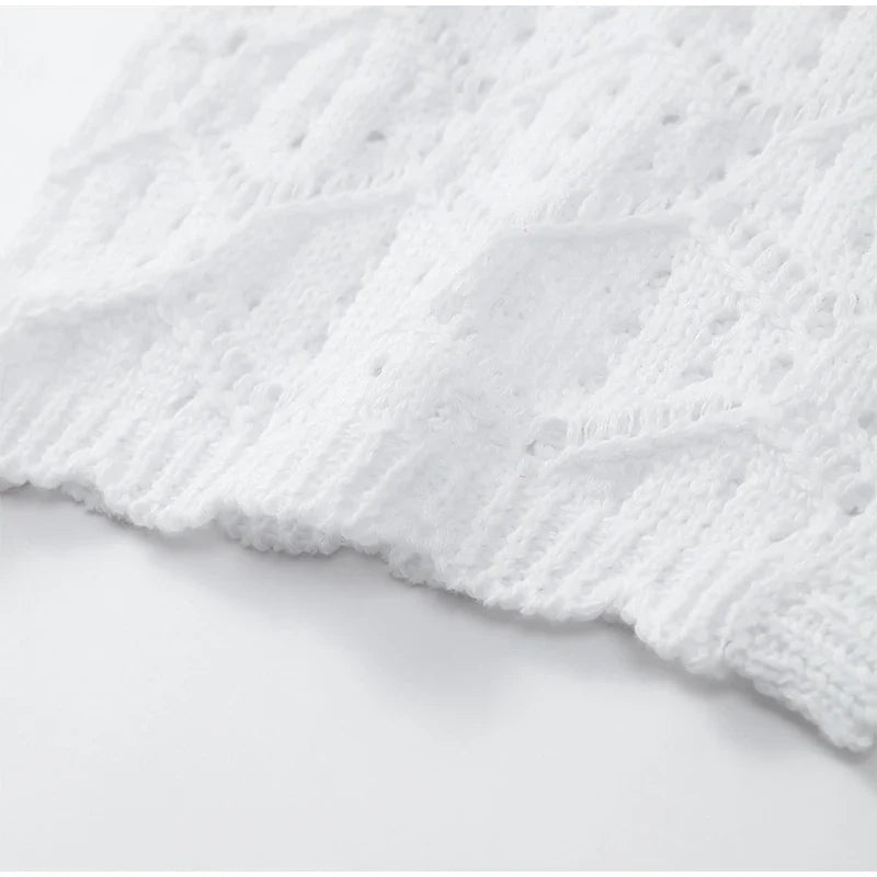Sexy Women Crochet Hollow Out Patchwork Top Suits Fashion Round Neck Cardigan Crop Shorts Sets Summer Female Beach Party Outfit