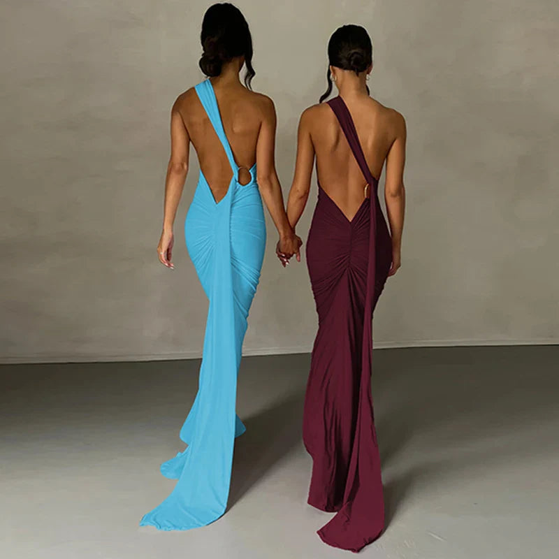 Hugcitar One Shoulder Backless Adjustable Scarf Loop Ruched Sexy Maxi Dress 2025 Women Elegant Y2K Streetwear Festival Outfit