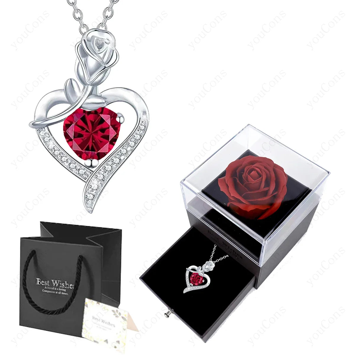 Luxury Red Zircon Heart Necklace With Rose Flower Gift Box For Girlfriend Birthday Valentine Gift  Romantic Accessories