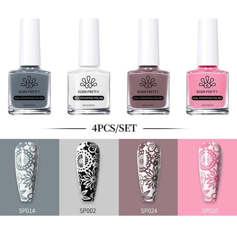 BORN PRETTY 10ml Stamping Nail Polish Set Gold Silver Black White Color Nail Printing Polish DIY for Nail Plate Design Varnish