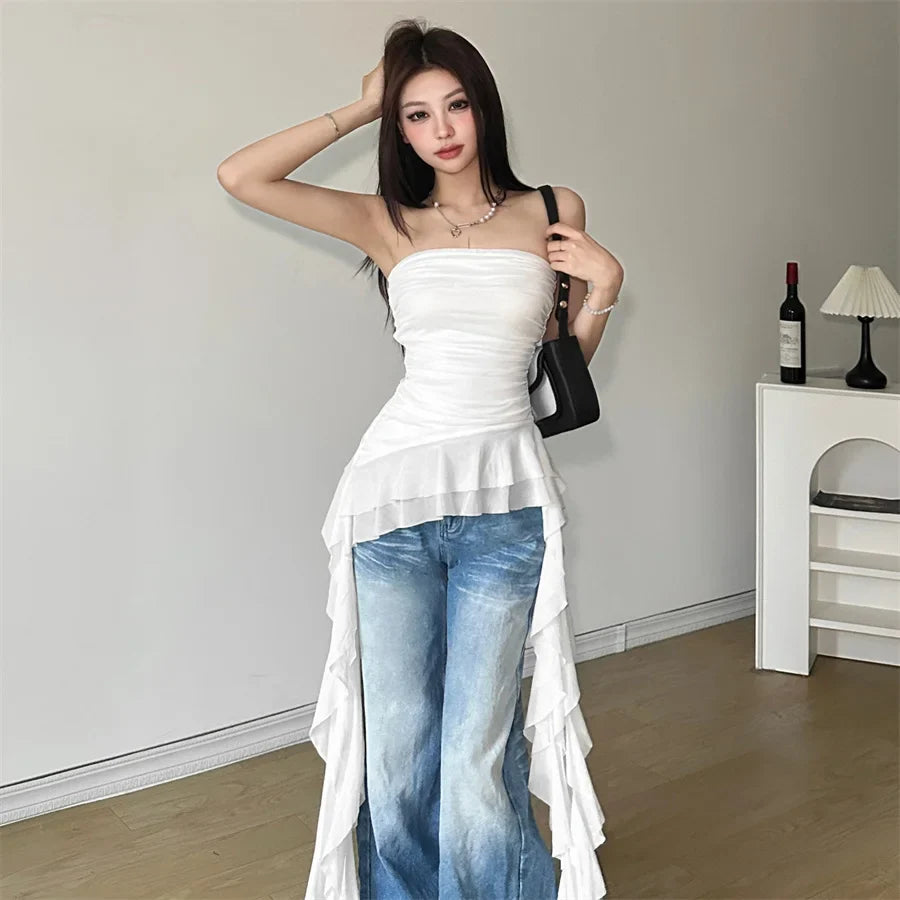 Nibber 2024 Spring New Solid Color Sweet Gentle Cute All-match High Street Travel Sexy Cool Women Chest Wrap ruched Tassel Vest