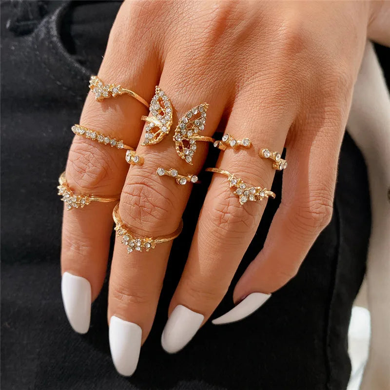 Silver Color Crystal Rings Set for Women, Cubic Zirconia Moon Arrow Flower Heart Finger Wedding Rings, Female Fashion Jewelry