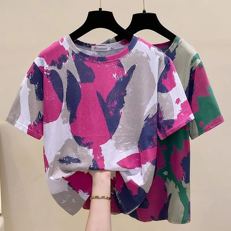 Tie Dye Printing Vintage O-Neck Pullover Short Sleeve T-Shirt Women's Blouse Shirt Korean Fashion Female Clothing Tops 2024