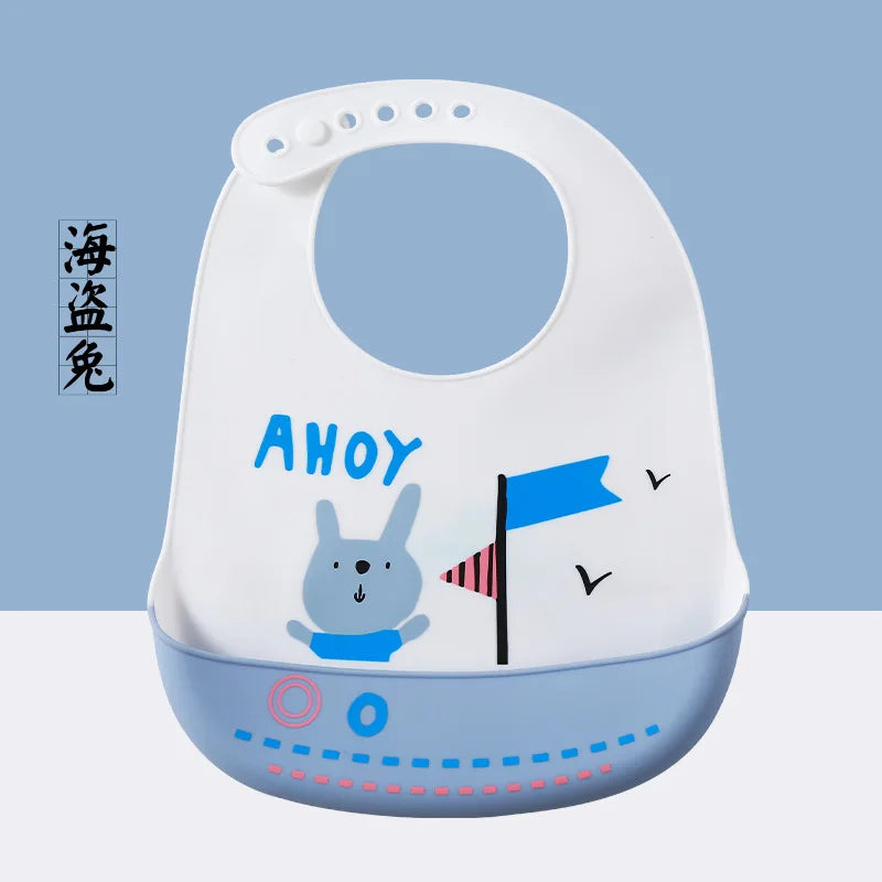 Cute Baby Bibs Waterproof Silicone Bib Infant Toddler Feeding Saliva Towel Cartoon Adjustable Children Apron with Pocket Scarf