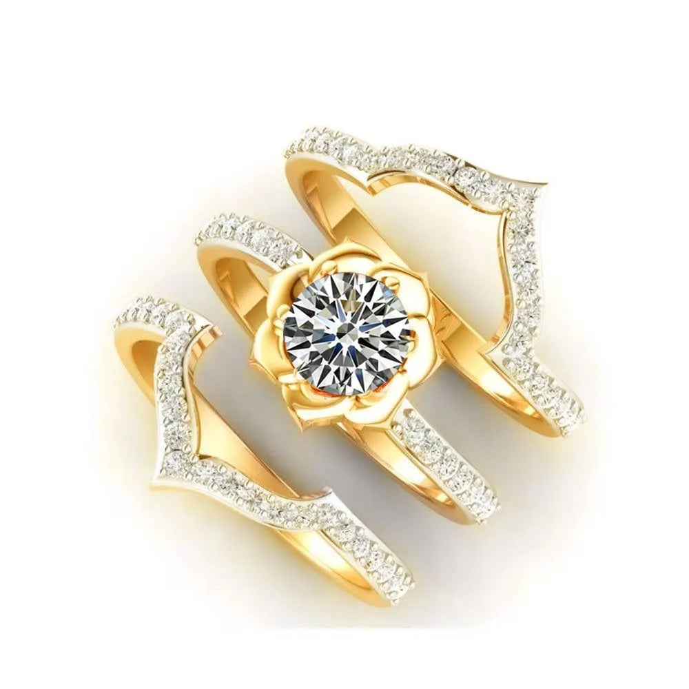 Princess 3Pcs set Charm Yellow   Ring Anniversary  Engagement Bridal Wedding Rings Jewelry For Women