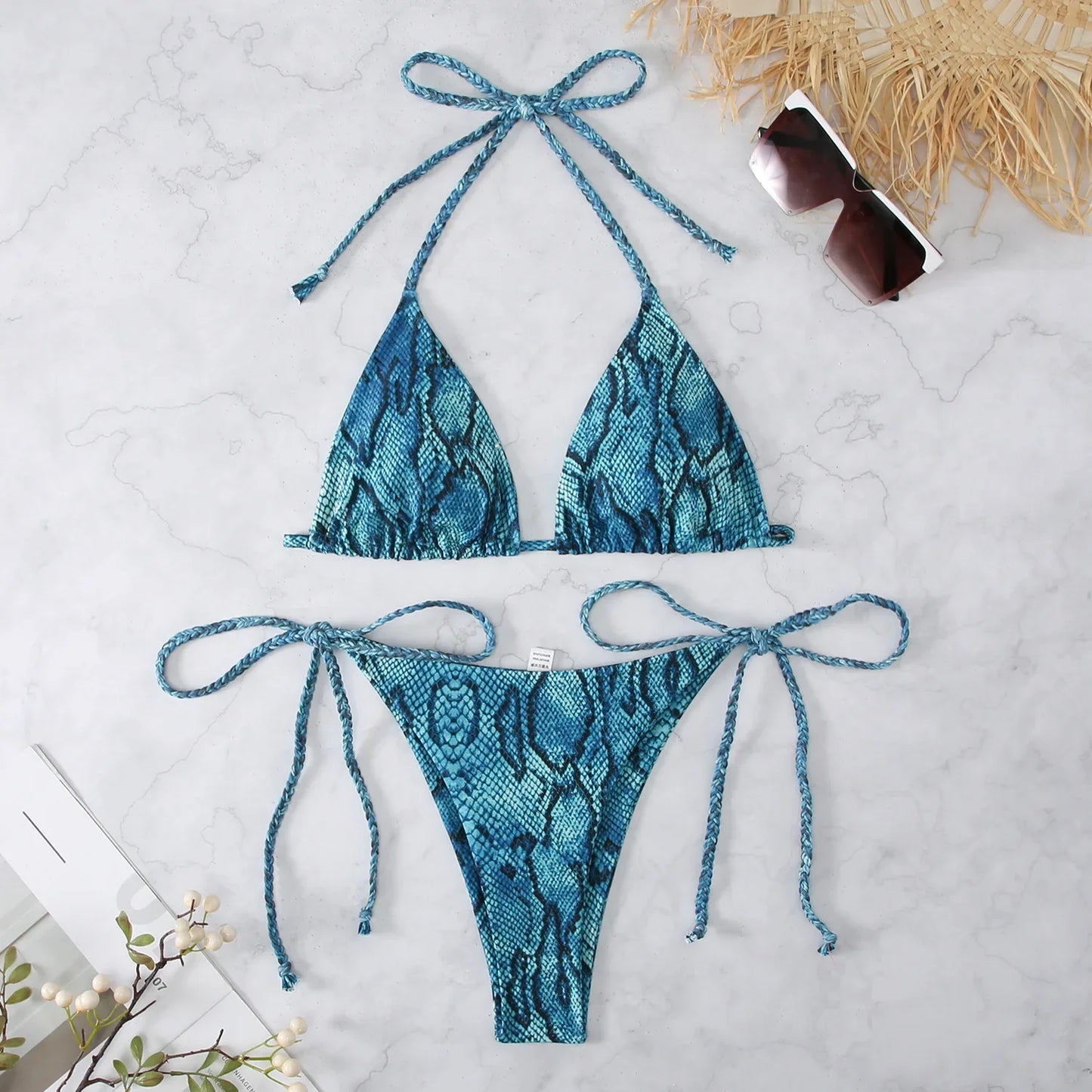 Snake Print 2-piece Swimsuit for Women,2024 New Triangle Bikini,summer Beach Vacation Suspender Backless Lace-up Bathing Suit